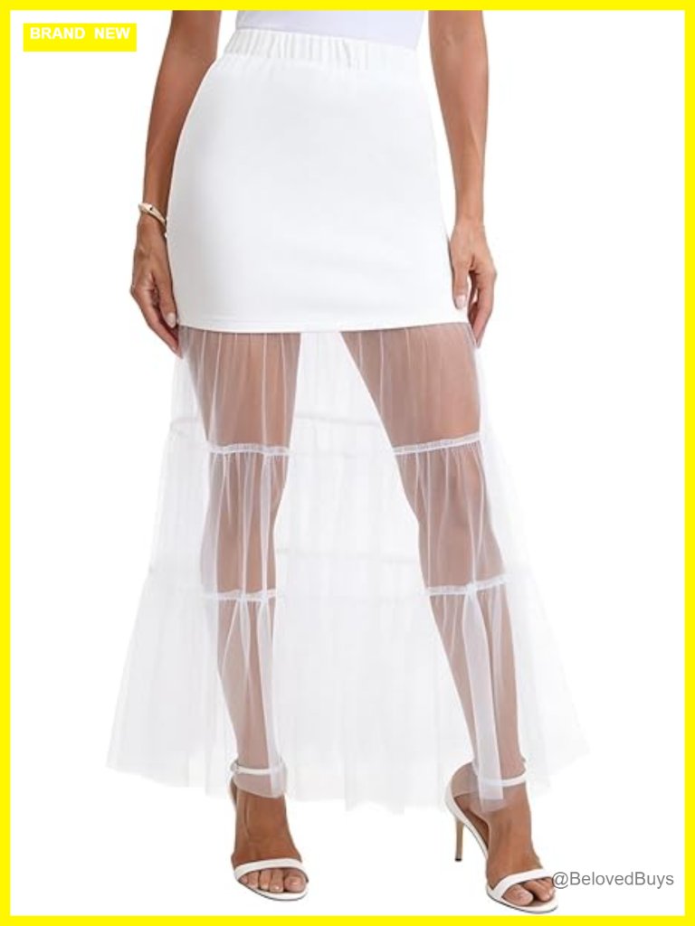 Lace Bodycon Sheer Mesh Maxi Skirt High Waisted A-Line Ruffle Hem